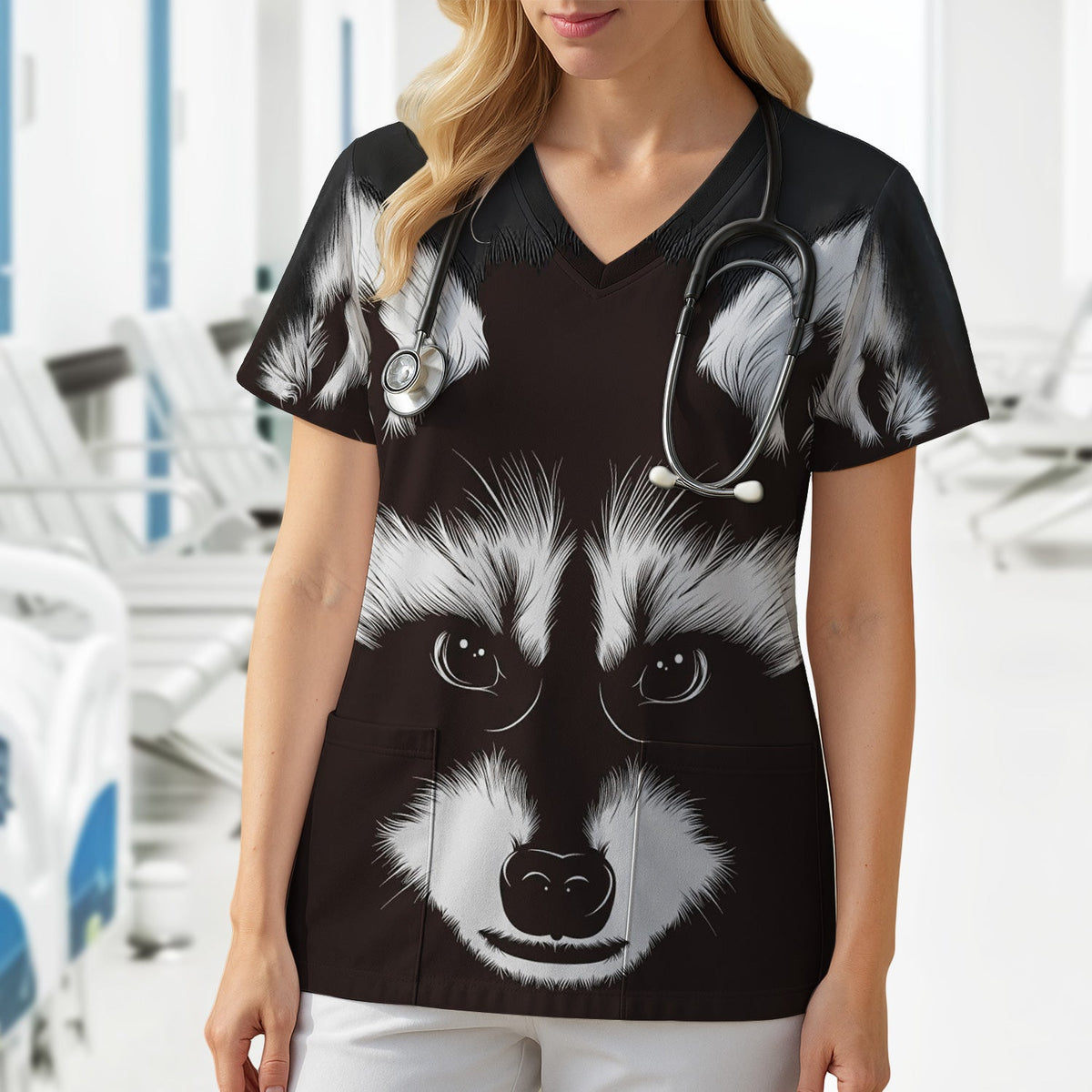 Black White Raccoon Face Nurse Scrub Top