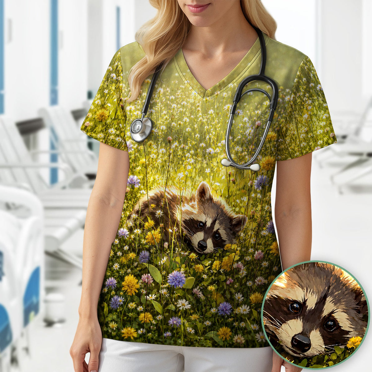 Meadow Raccoon Wildflower Garden Nurse Scrub Top