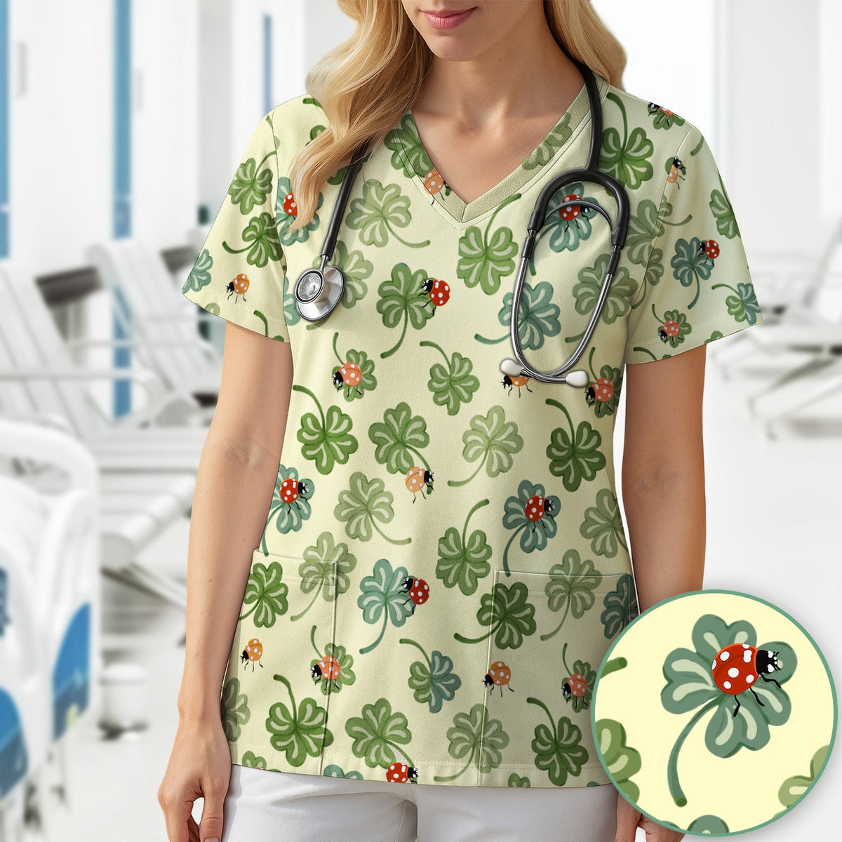 Clover And Ladybug Lucky Garden Nurse Scrub Top