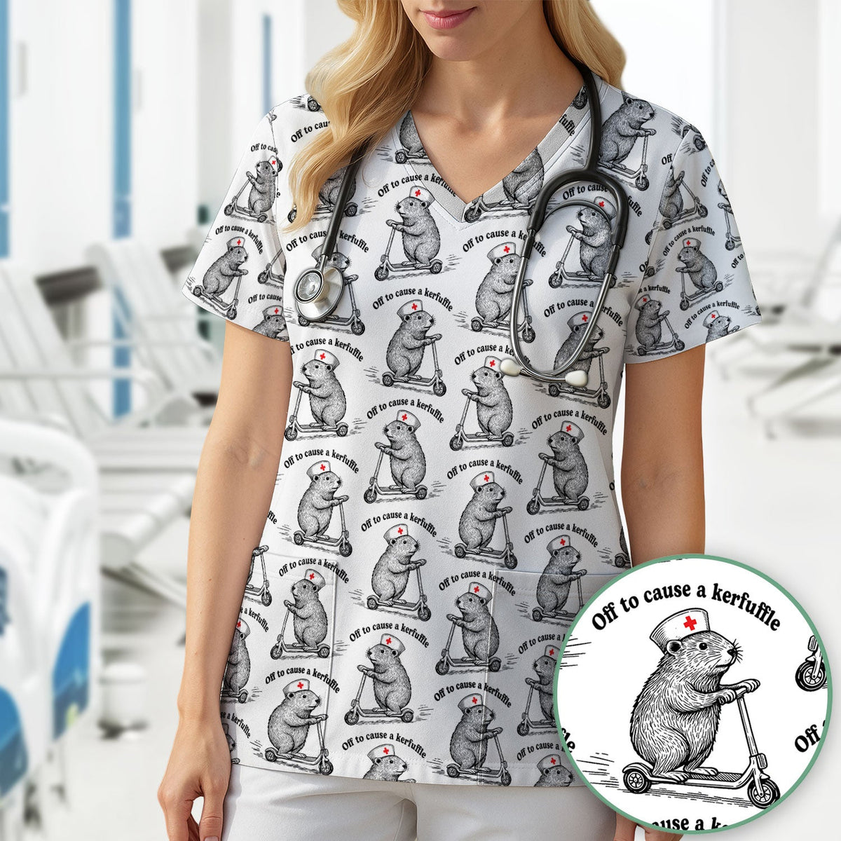 Funny Nurse Mouse Scooter Print Scrub Top, Comfortable Scrubs for Nurses