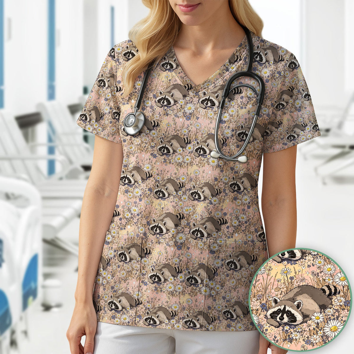 Raccoon Wildflower Meadow Nurse Scrub Top
