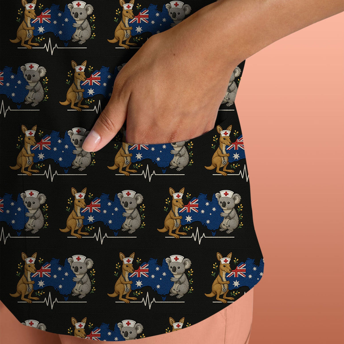 Australian Nurse Scrub Top, Cute Koala Kangaroo Heartbeat Pattern Shirt,  Breathable Fabrics Nursing Uniform