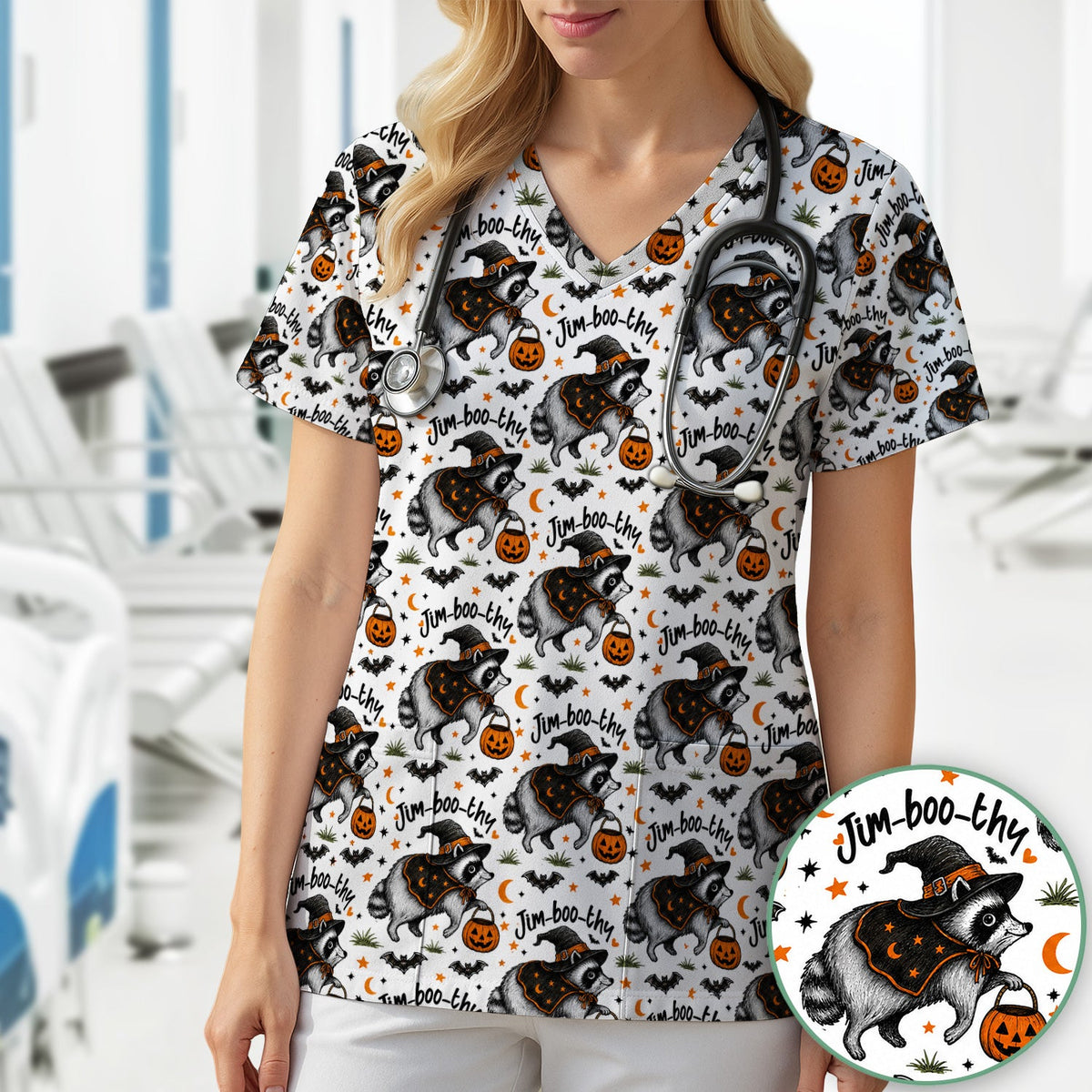 Jim Boo Thy Raccoon Nurse Scrub Top