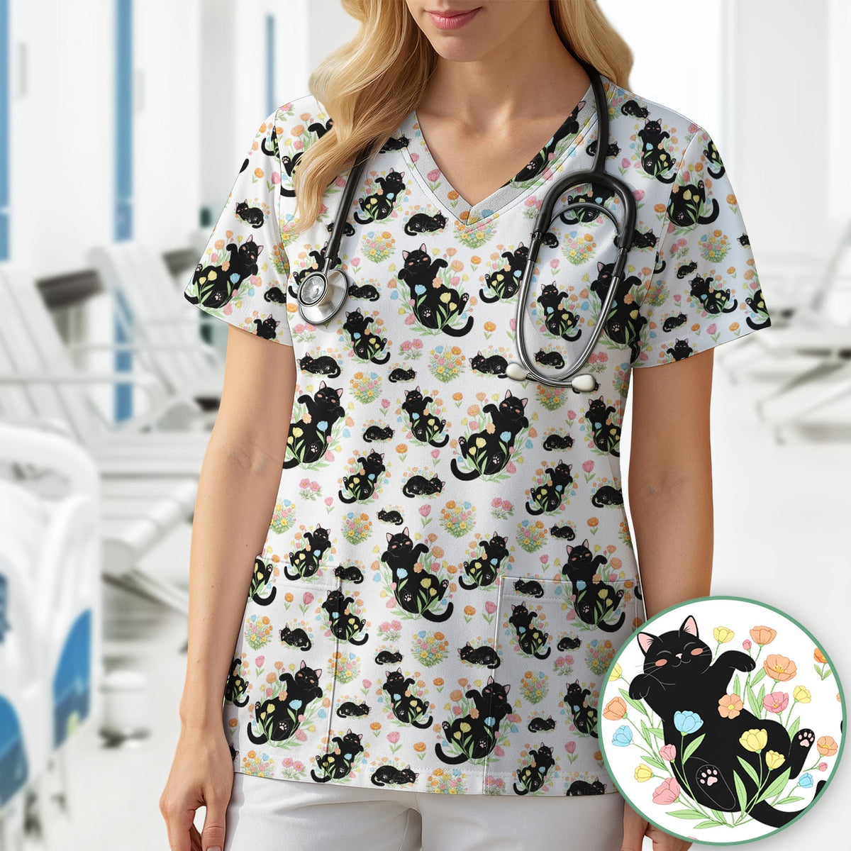 Cats Cute Poses Floral Nurse Scrub Top
