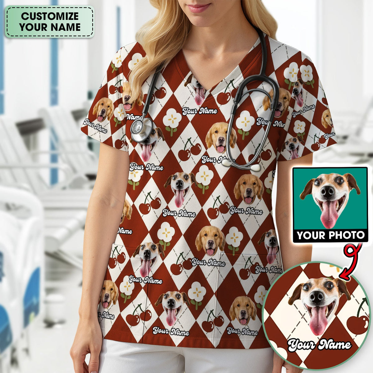 Dog Face Cherry Argyle Nurse Scrub Top