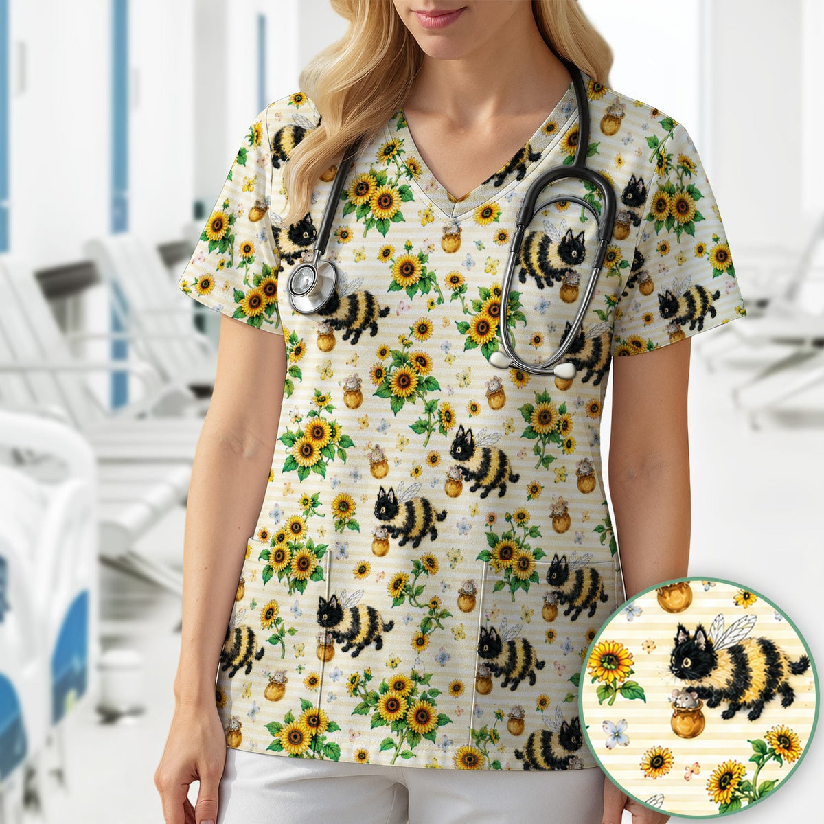 Bumblebee Cat Sunflower Nurse Scrub Top