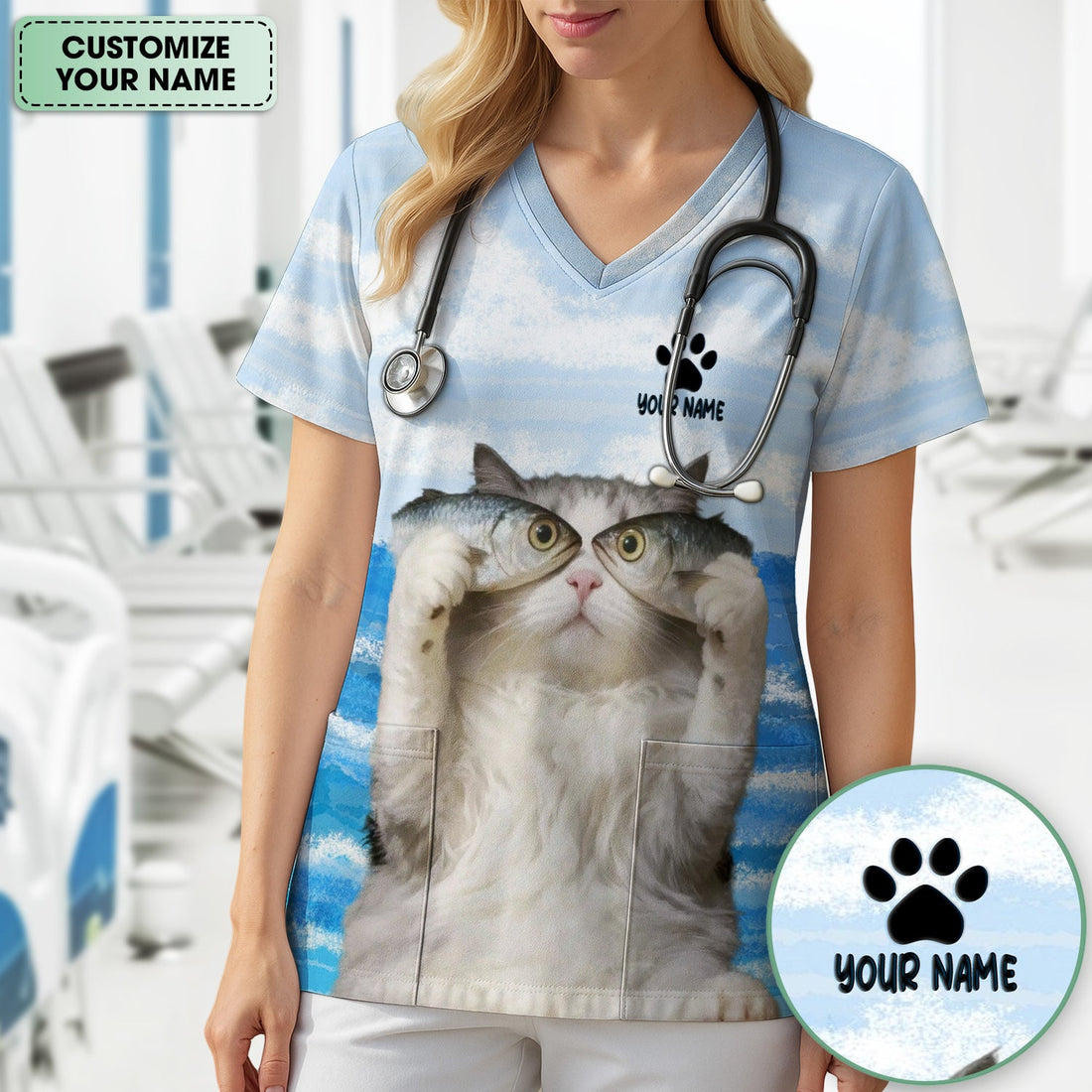 Personalized Cat Holding Fish Nurse Scrub Top