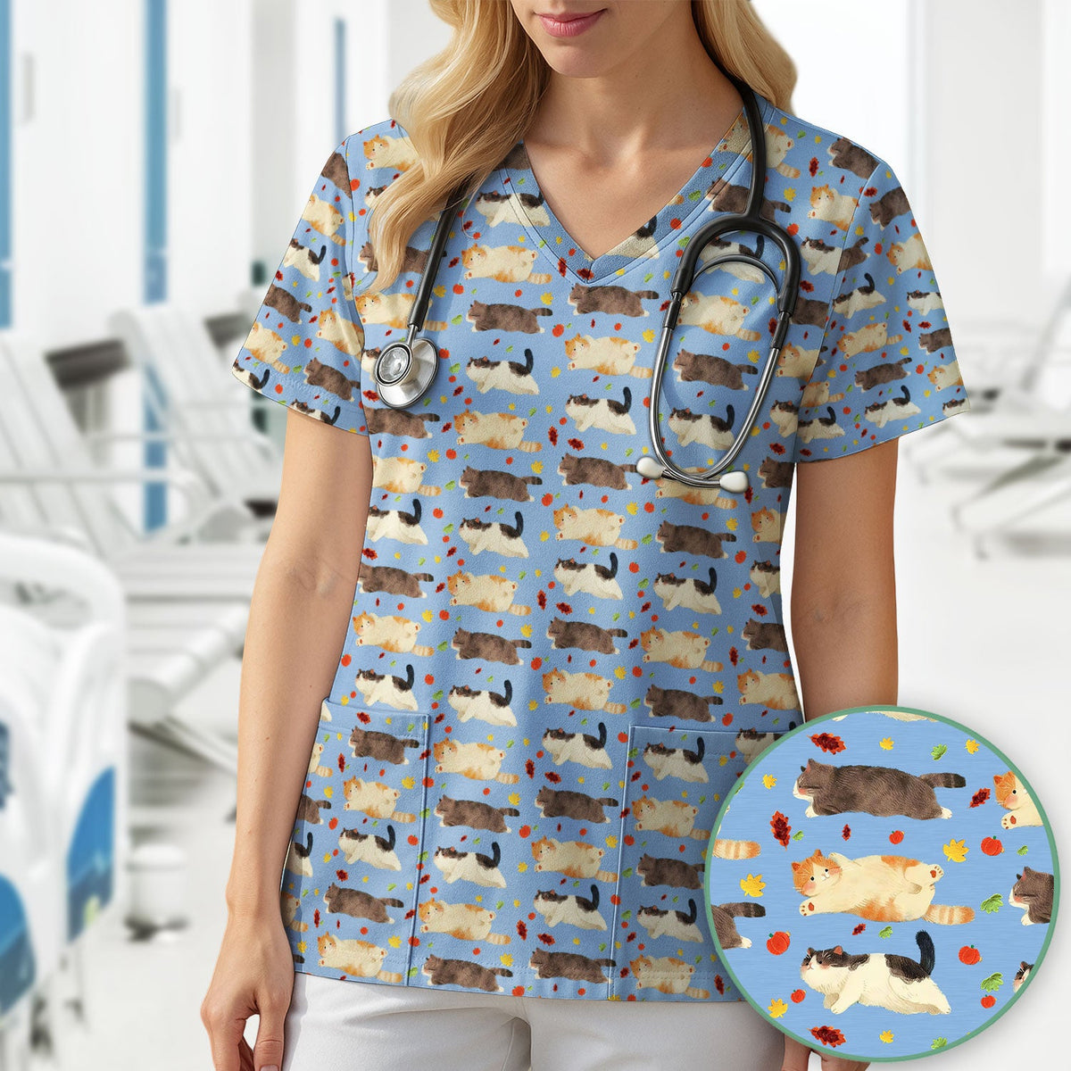 Chubby Cat Autumn Leaves Nurse Scrub Top