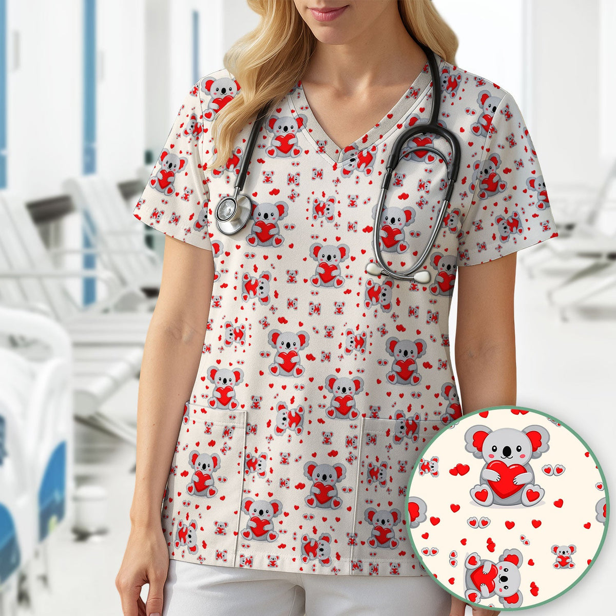 Valentine Cute Koala Heart Pattern Nurse Shirt, Comfortable Scrubs for Nurses