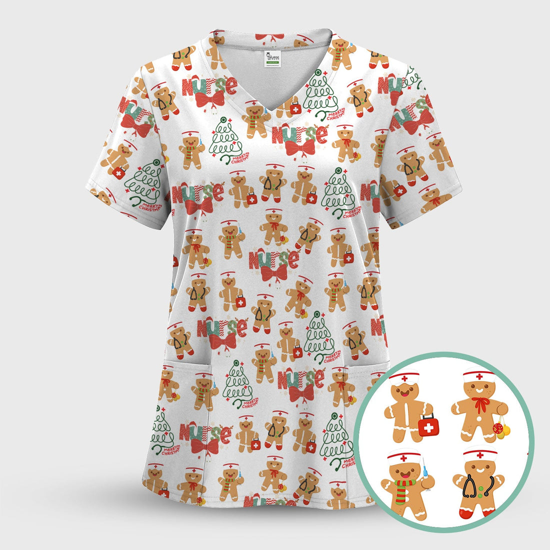 Christmas Nurse Scrub Top - Gingerbread Cookie Holiday Shirt - Medical Gift for CNA RN LPN Healthcare Workers