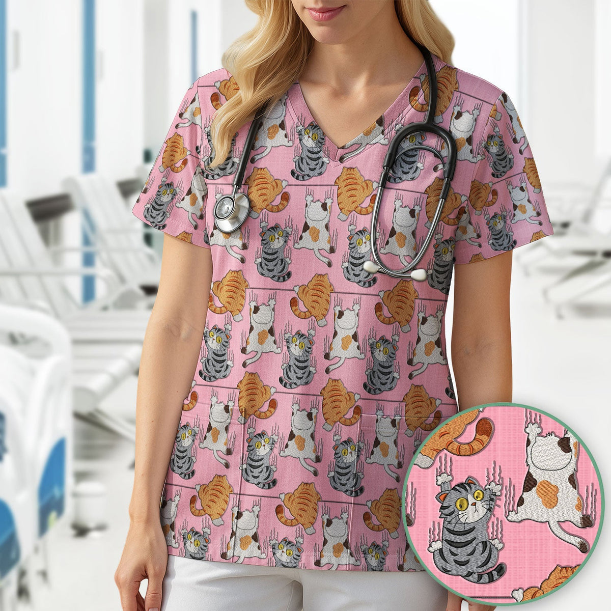 Cute Cat Pattern Nurse Scrub Top, Cats Medical Pattern Shirt, Breathable Fabrics Nursing Uniform