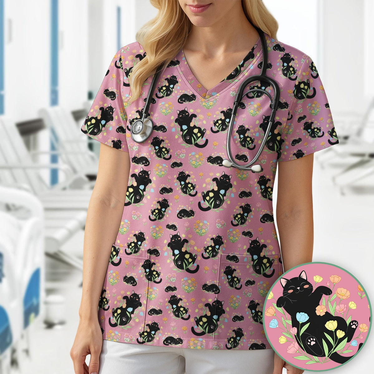 Cats Cute Poses Floral Nurse Scrub Top
