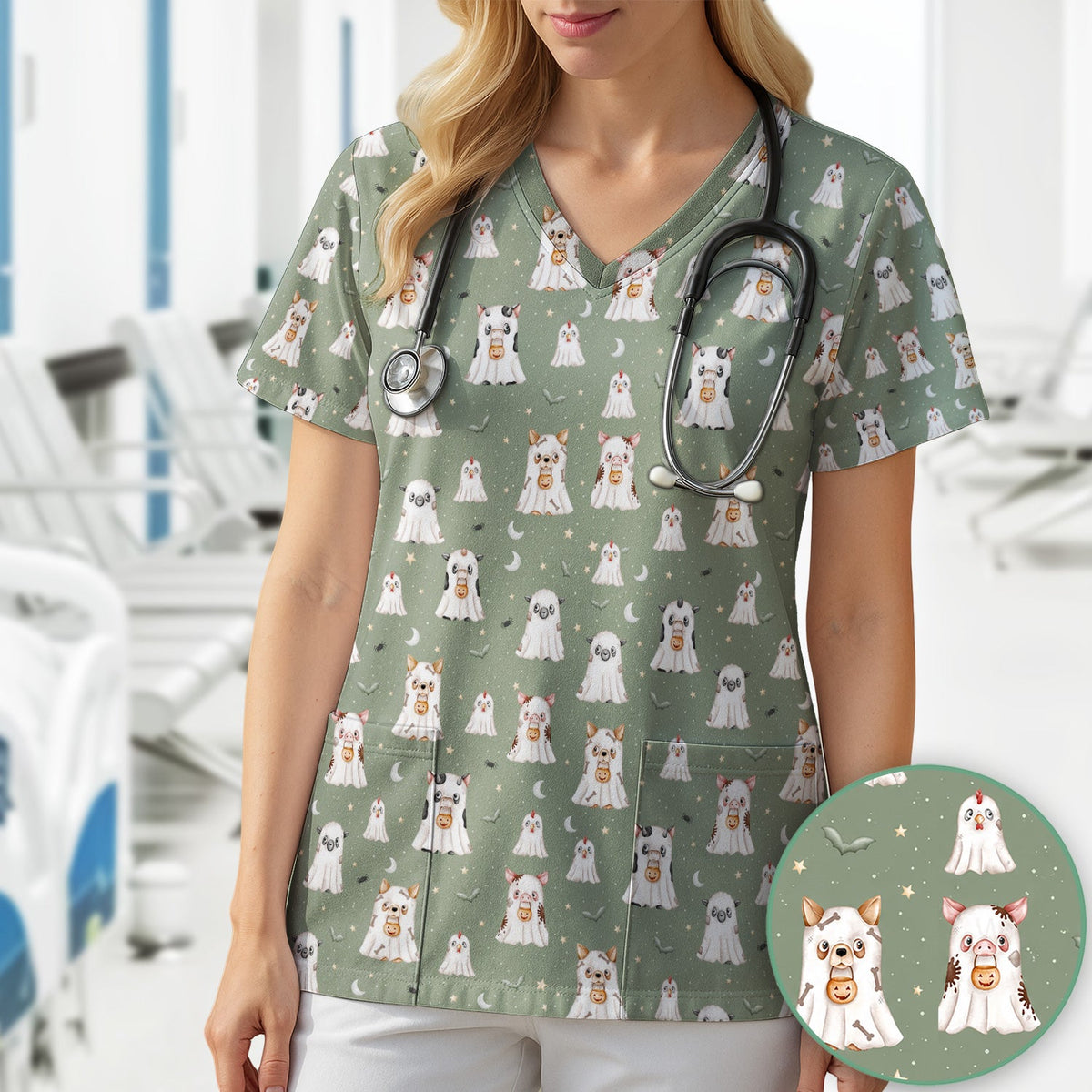 Spooky Farm Animal Ghost Nurse Scrub Top