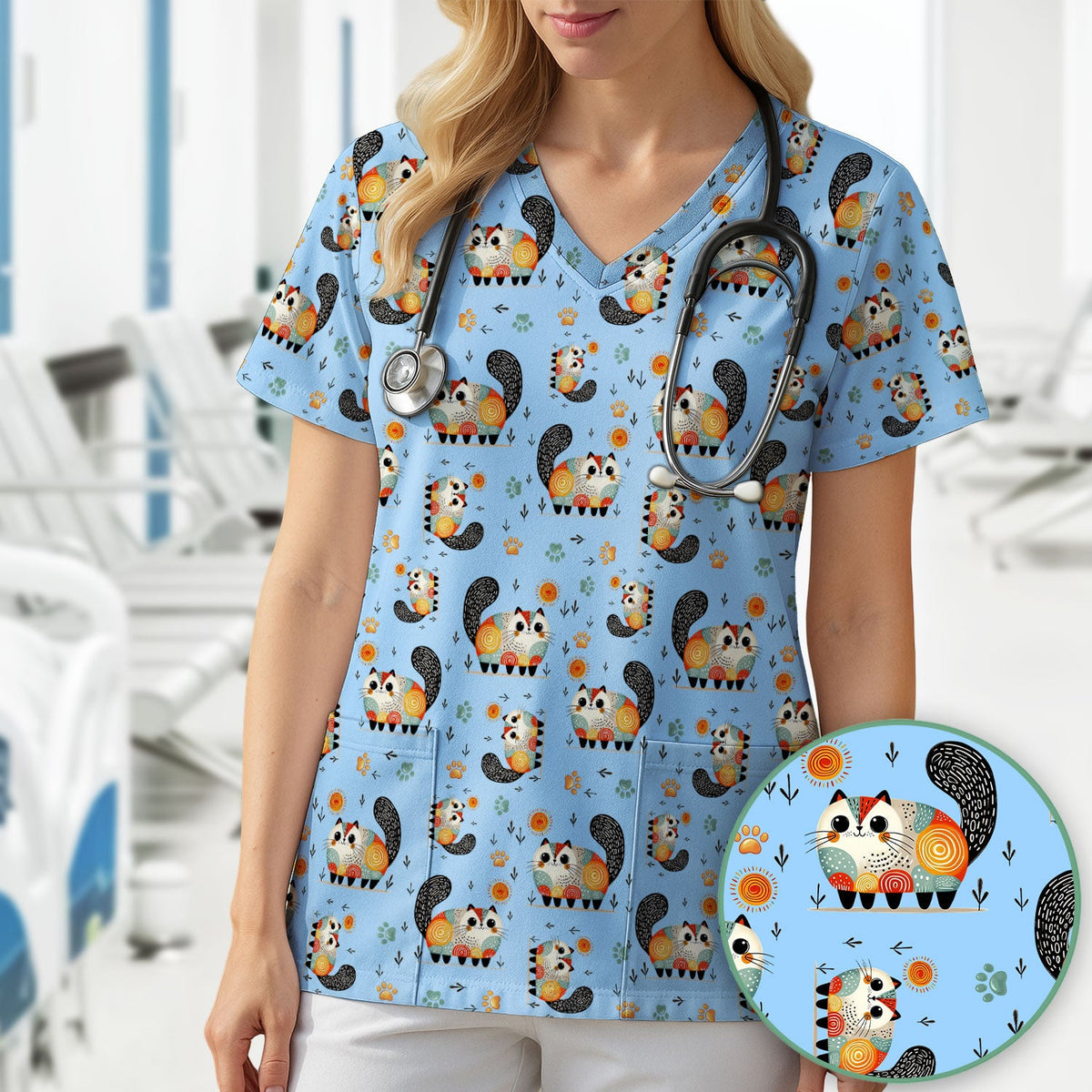 Cat Illustration Nurse Scrub Top