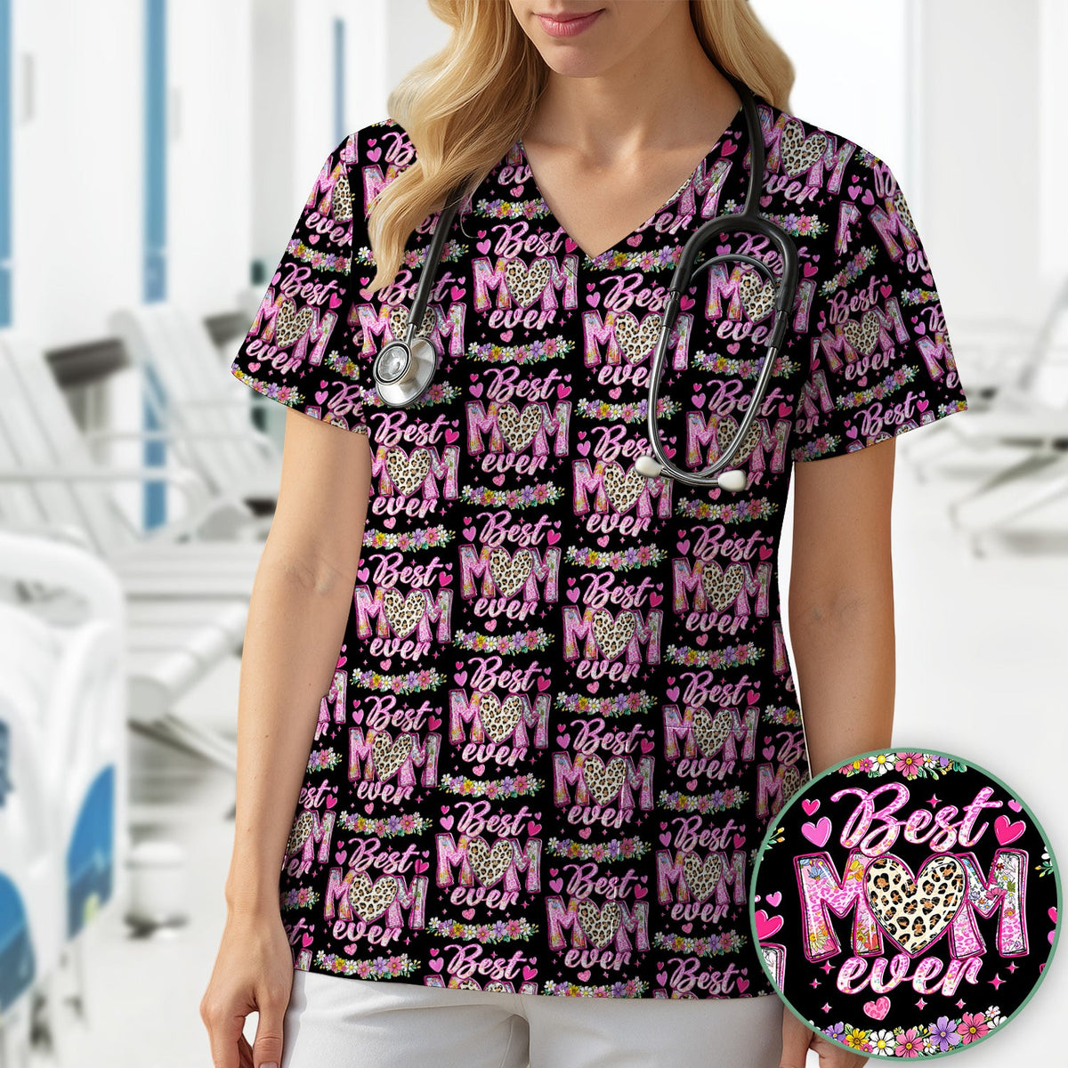 Best Mom Ever Leopard Heart Nurse Scrub Top