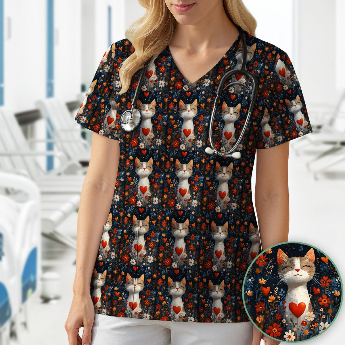 Cat Heart Floral Garden Nurse Scrub Top