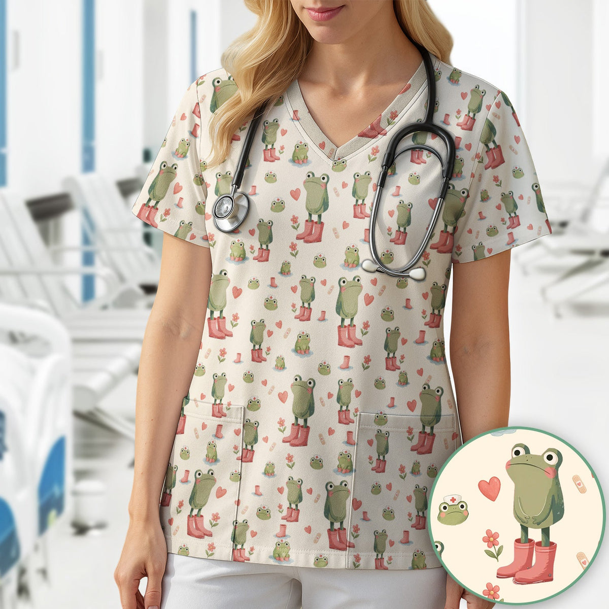Adorable Frog Boots Heart Pattern Scrub Top, Comfortable Scrubs for Nurses