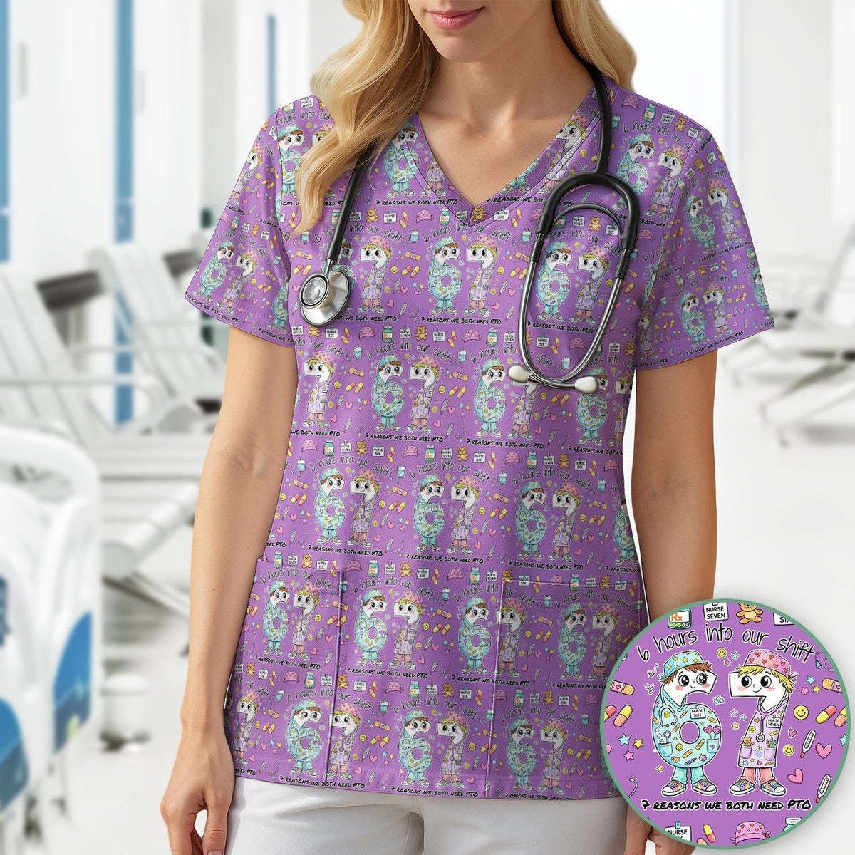 Six Hours Into Shift Blue Nurse Scrub Top