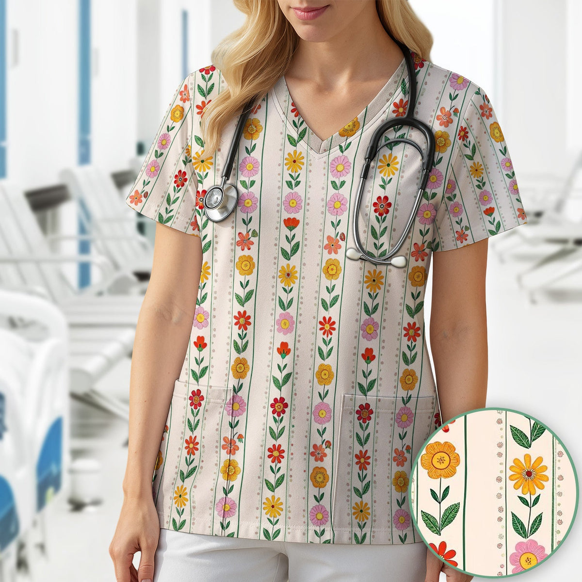 Retro Floral Stripe Garden Bloom Nurse Scrub Top