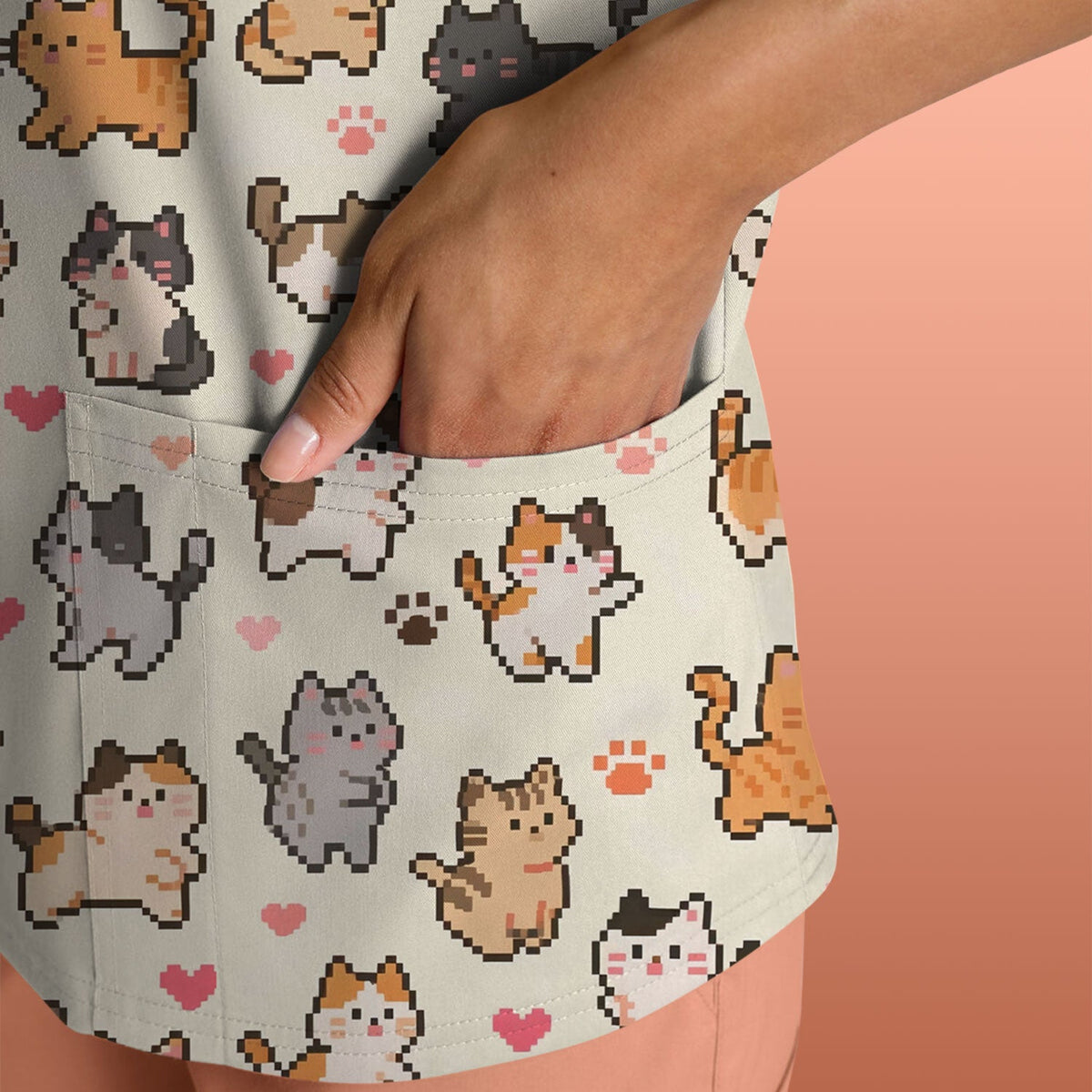 Pixel Cat Heart Paw Nurse Scrub Top