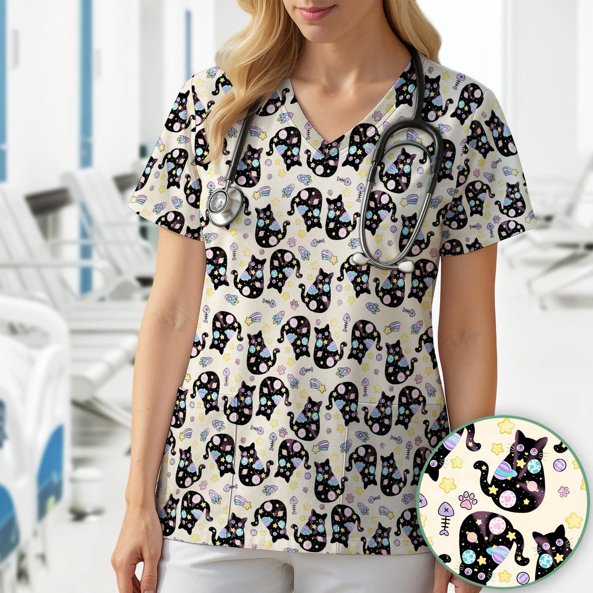 Galaxy Black Cat Space Nurse Scrub Top