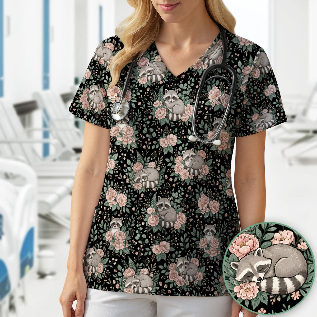 Sleeping Raccoon Rose Garden Nurse Scrub Top
