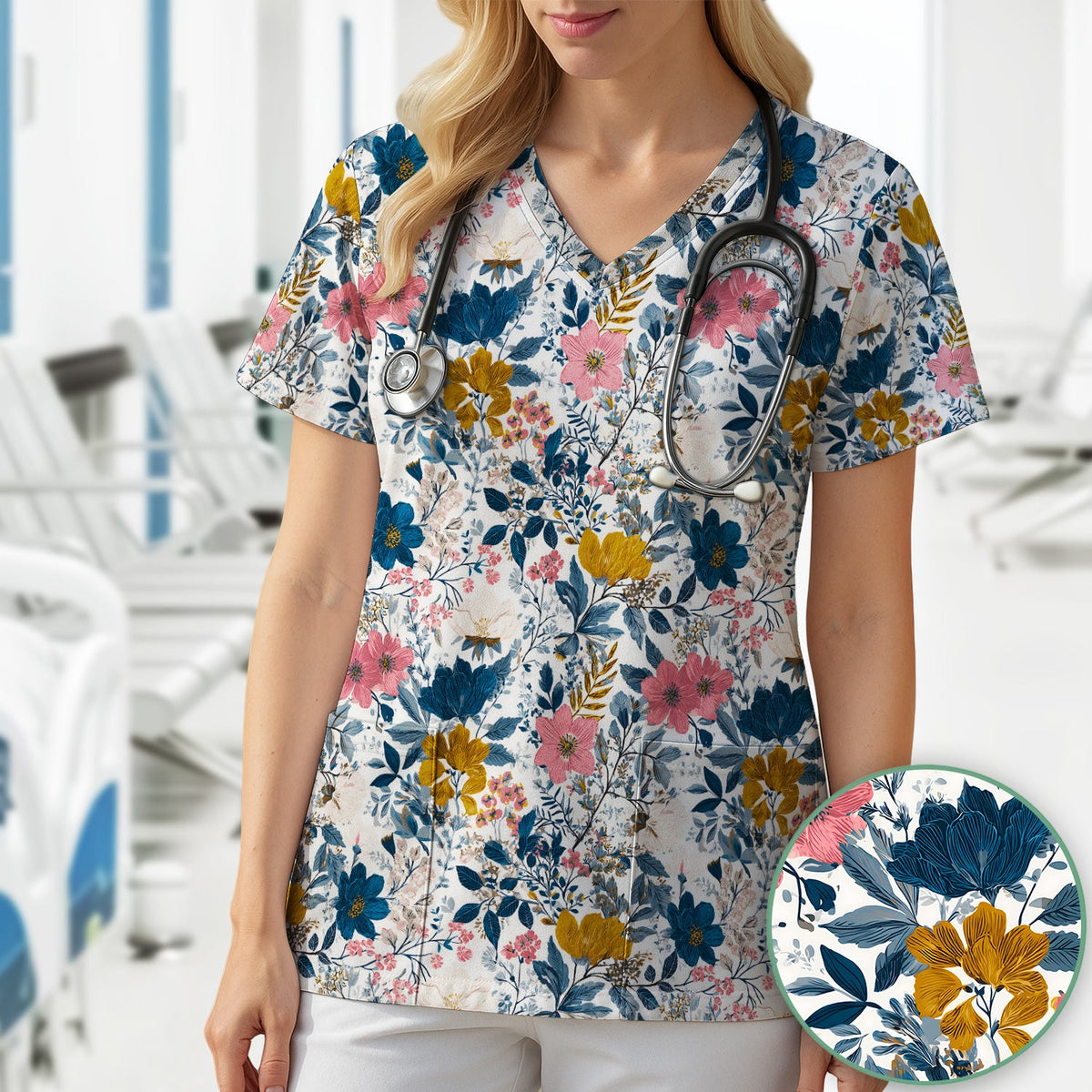Elegant Floral Garden Bloom Nurse Scrub Top