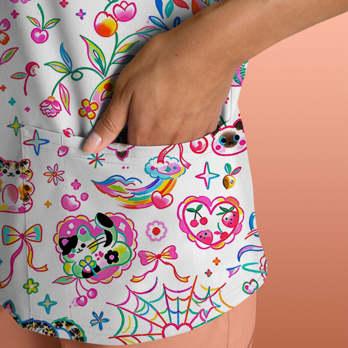 Colorful Kawaii Cat Heart Doodle Pattern Scrub Top, Comfortable Scrubs for Nurses