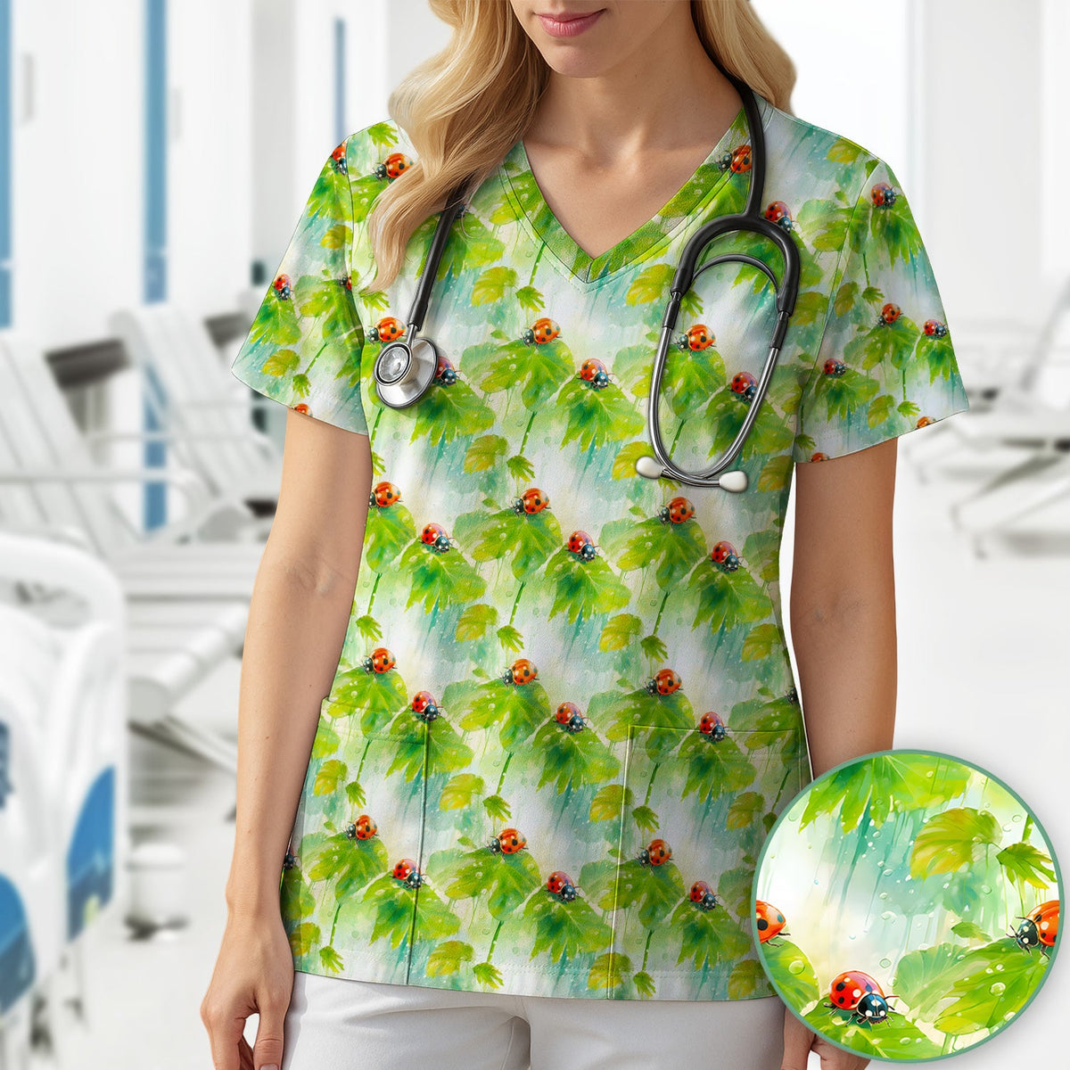 Ladybugs On Rainy Leaves Nurse Scrub Top