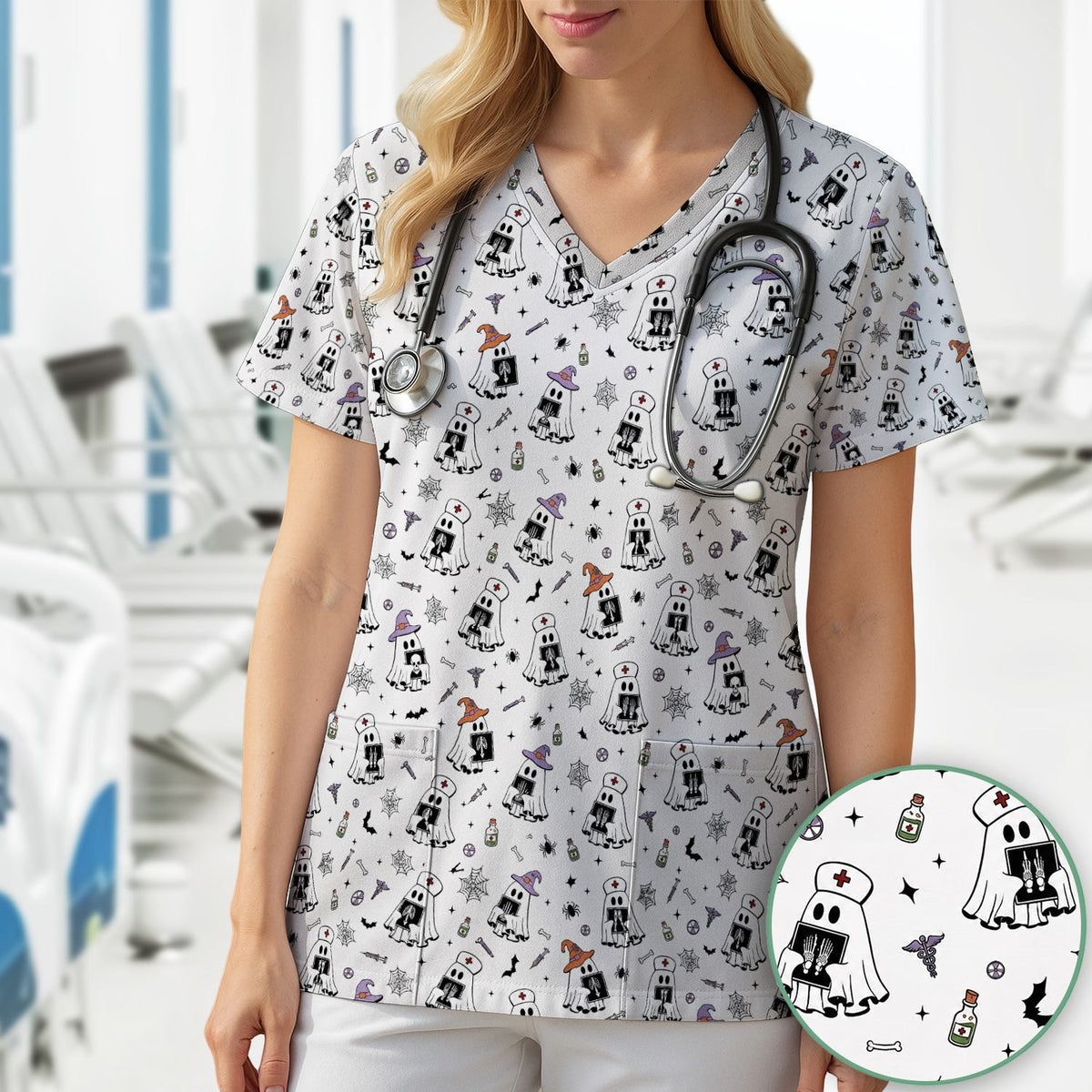 Ghost Nurses with X-Rays Scrub Top - Halloween Gift