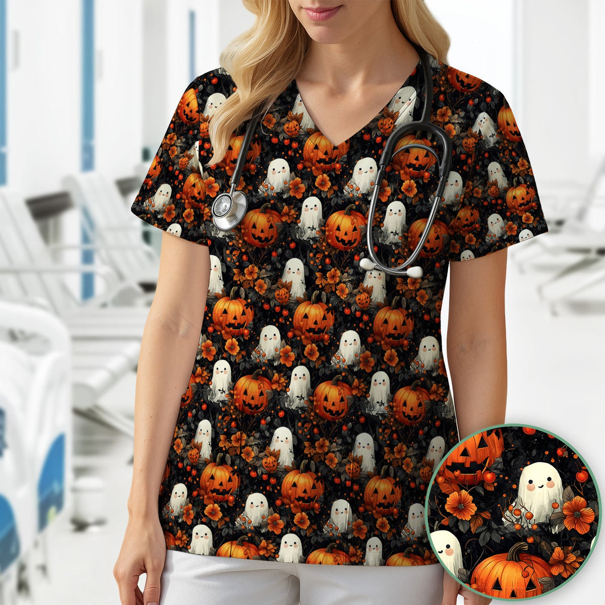Spooky Ghost Pumpkin Nurse Scrub Top