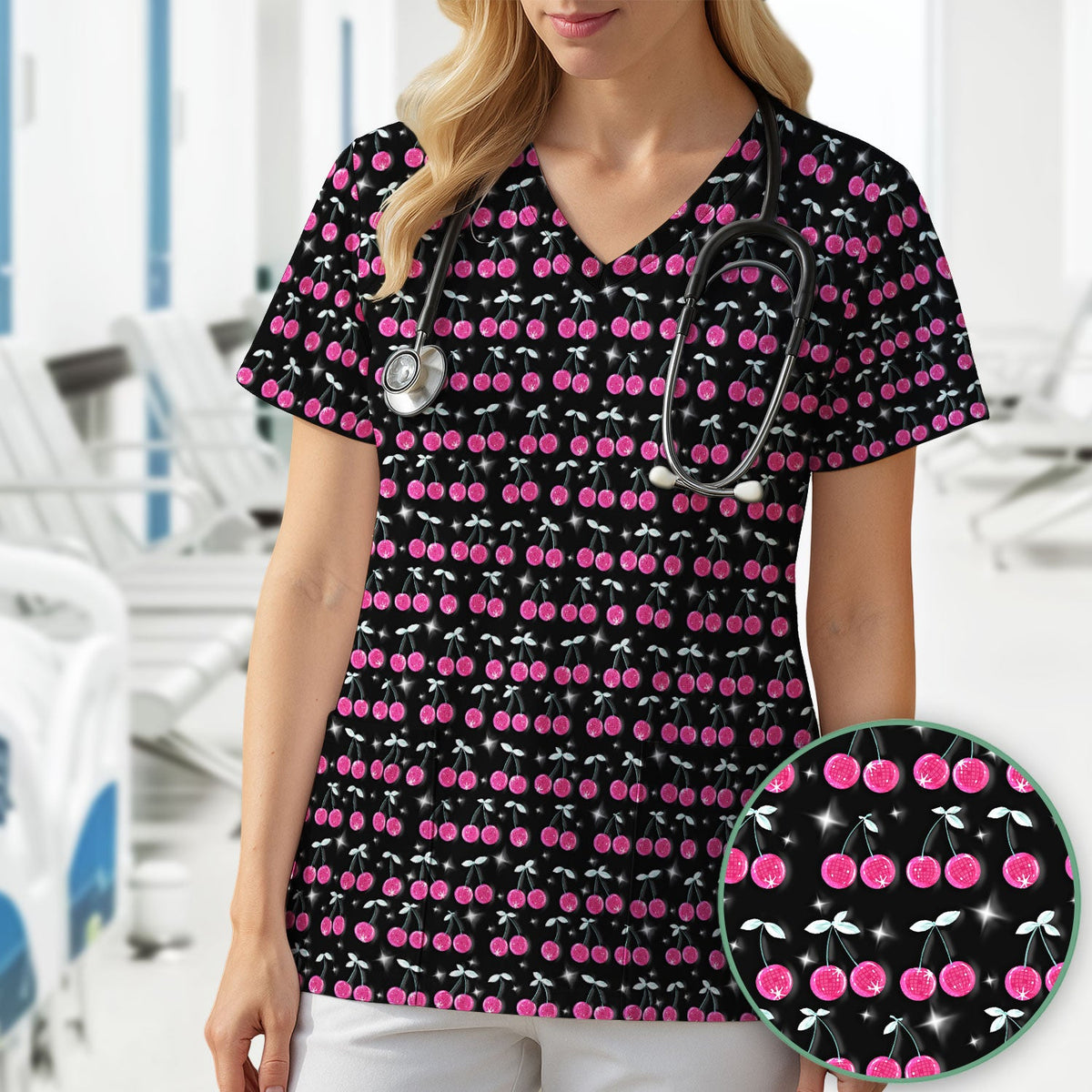 Pink Cherry Sparkle Nurse Scrub Top