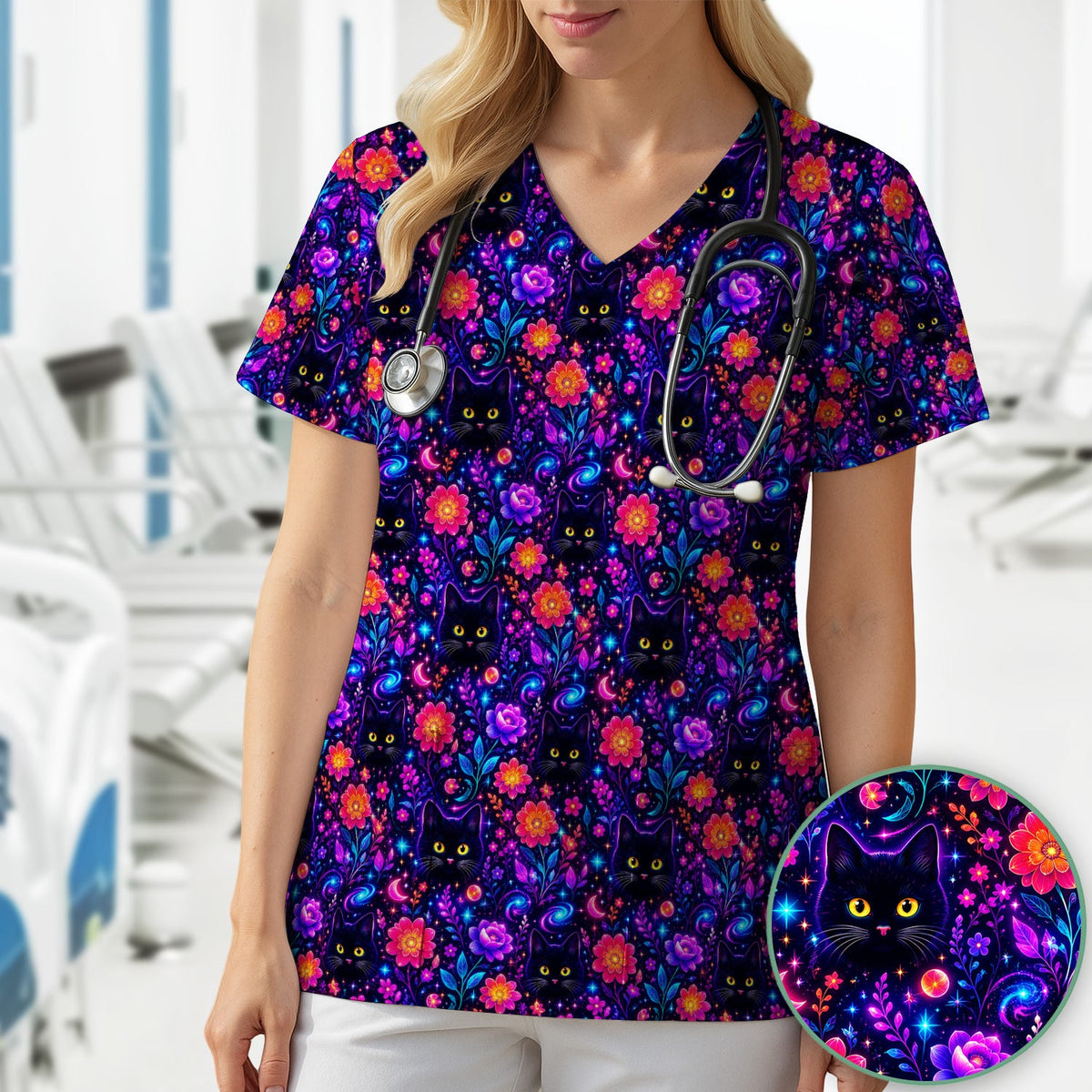 Galaxy Black Cat Floral Nurse Scrub Top