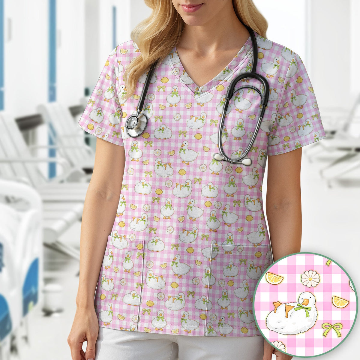 Adorable Ducks Lemon Daisy Nurse Scrub Top