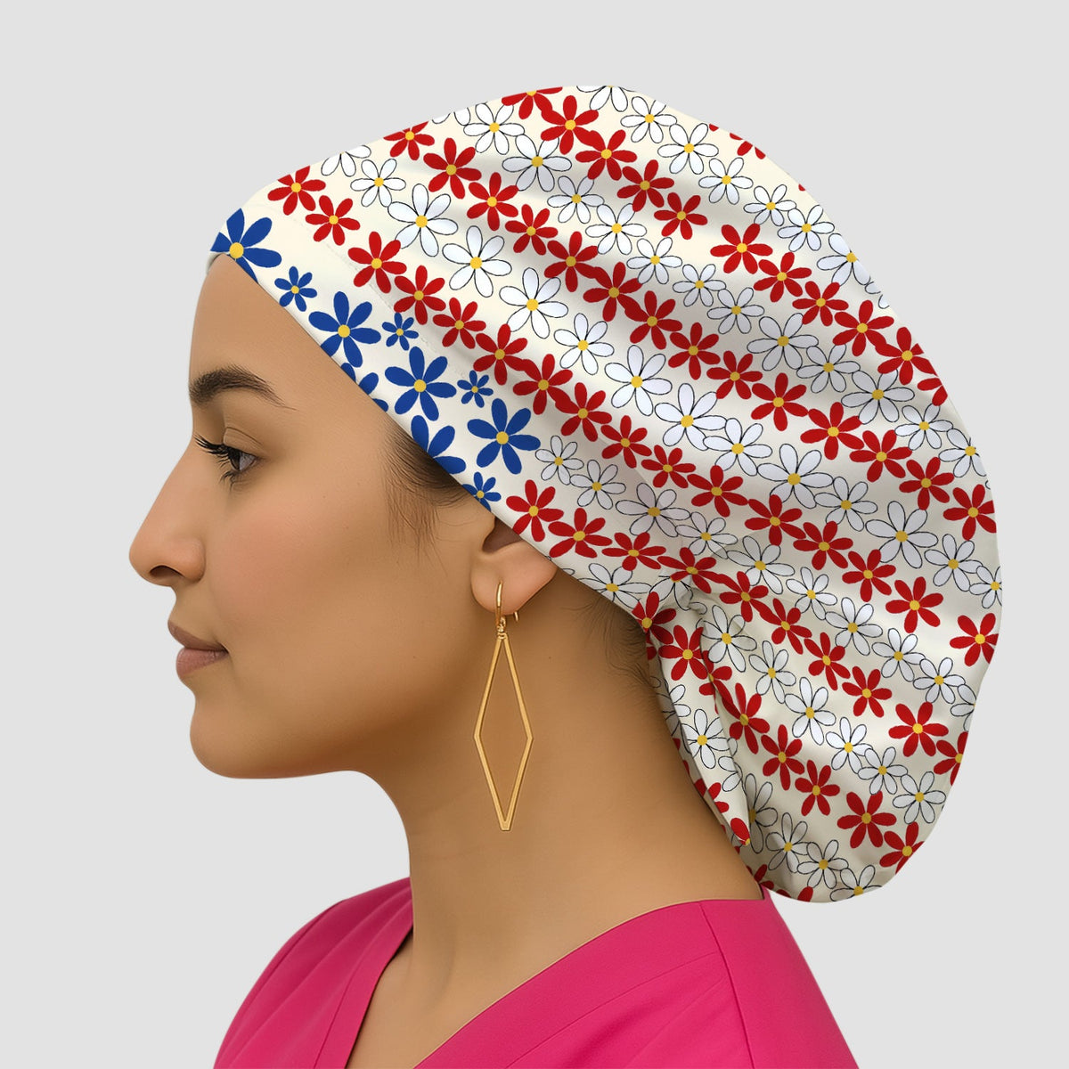 Retro Red Blue Daisy Scrub Cap