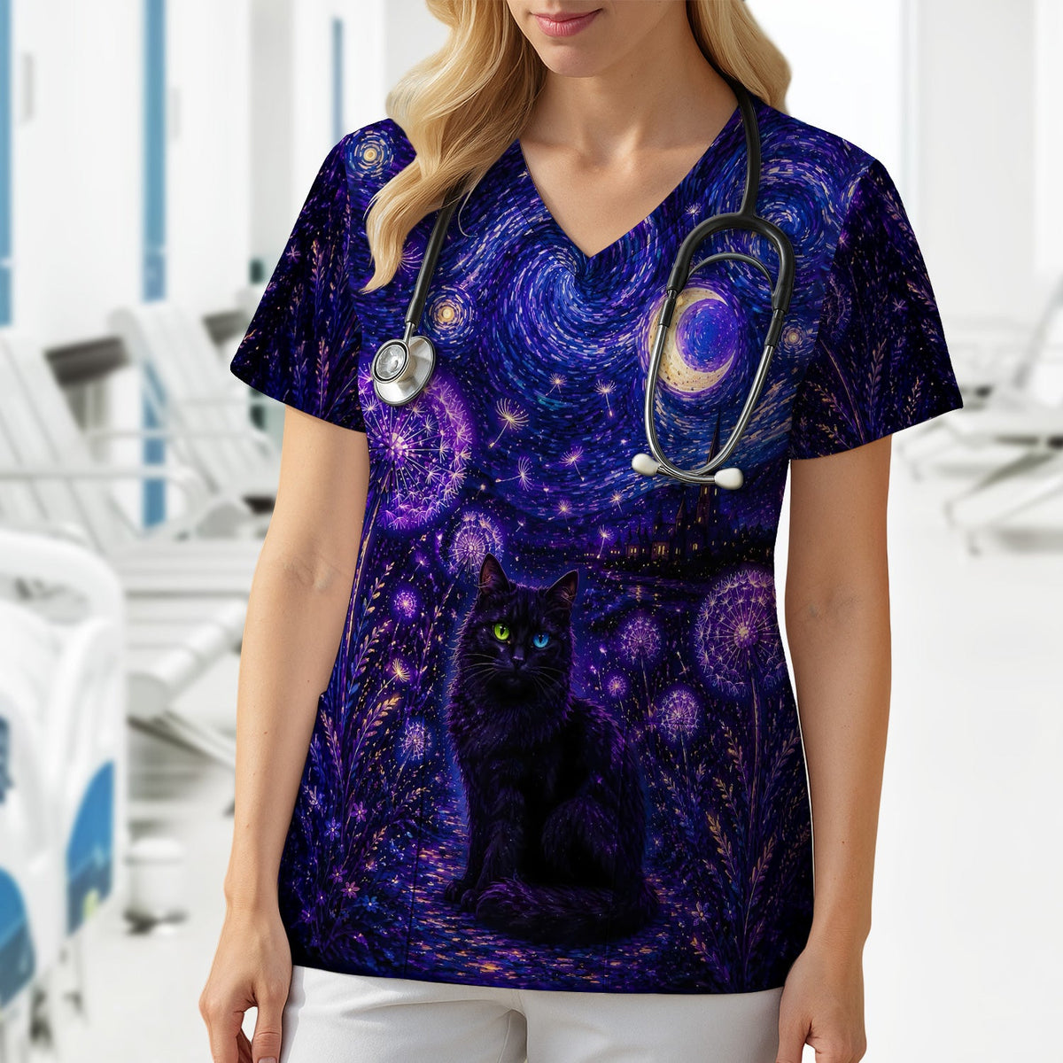 Mystical Black Cat Starry Night Nurse Scrub Top