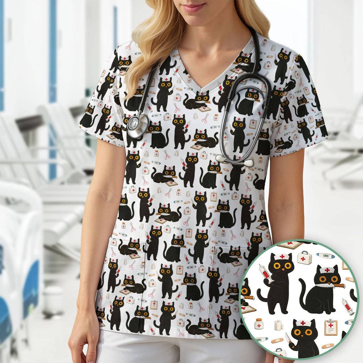Cute Black Cat Nurse Scrub Top