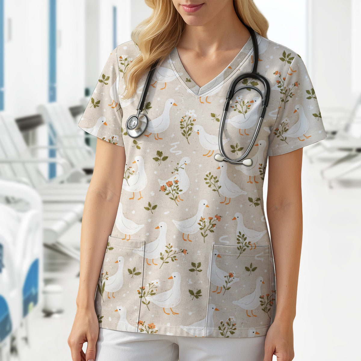 White Goose Floral Meadow Nurse Scrub Top