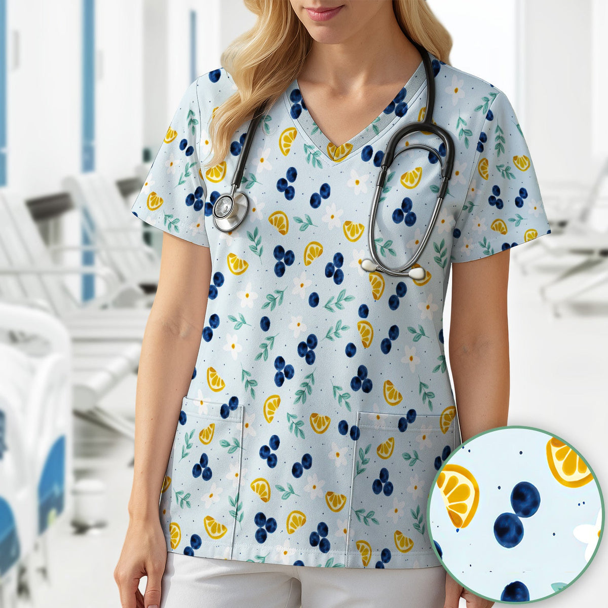 Blueberry Lemon Daisy Nurse Scrub Top