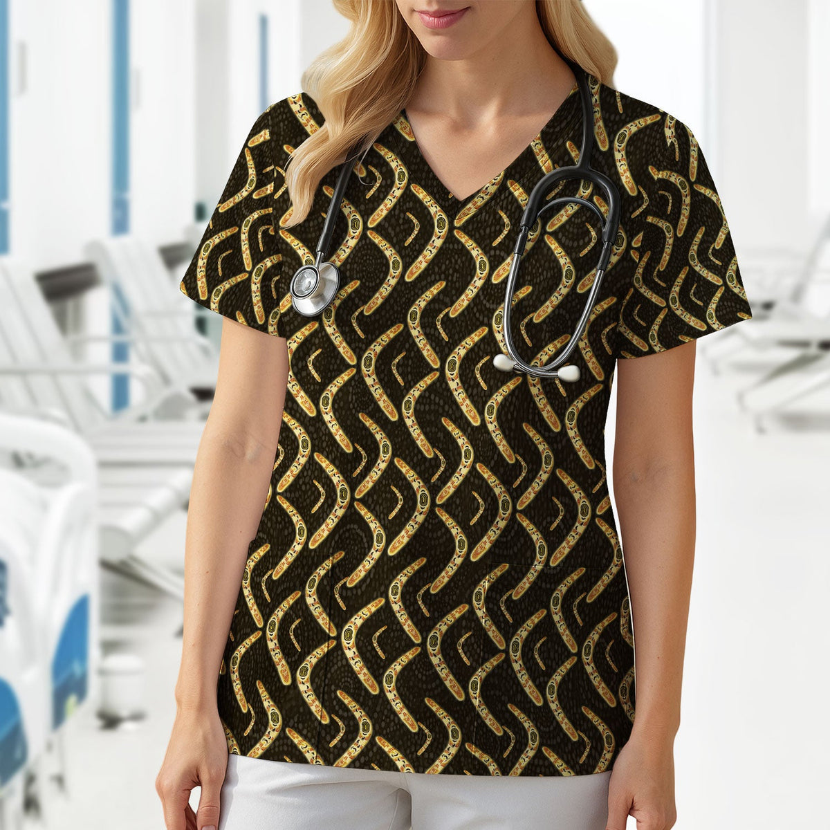 Aboriginal Boomerang Nurse Scrub Top
