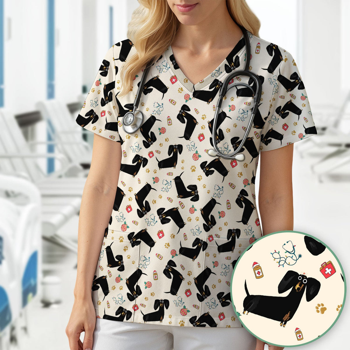 Black Dachshund Nurse Scrub Top - Gift For Dog Lover