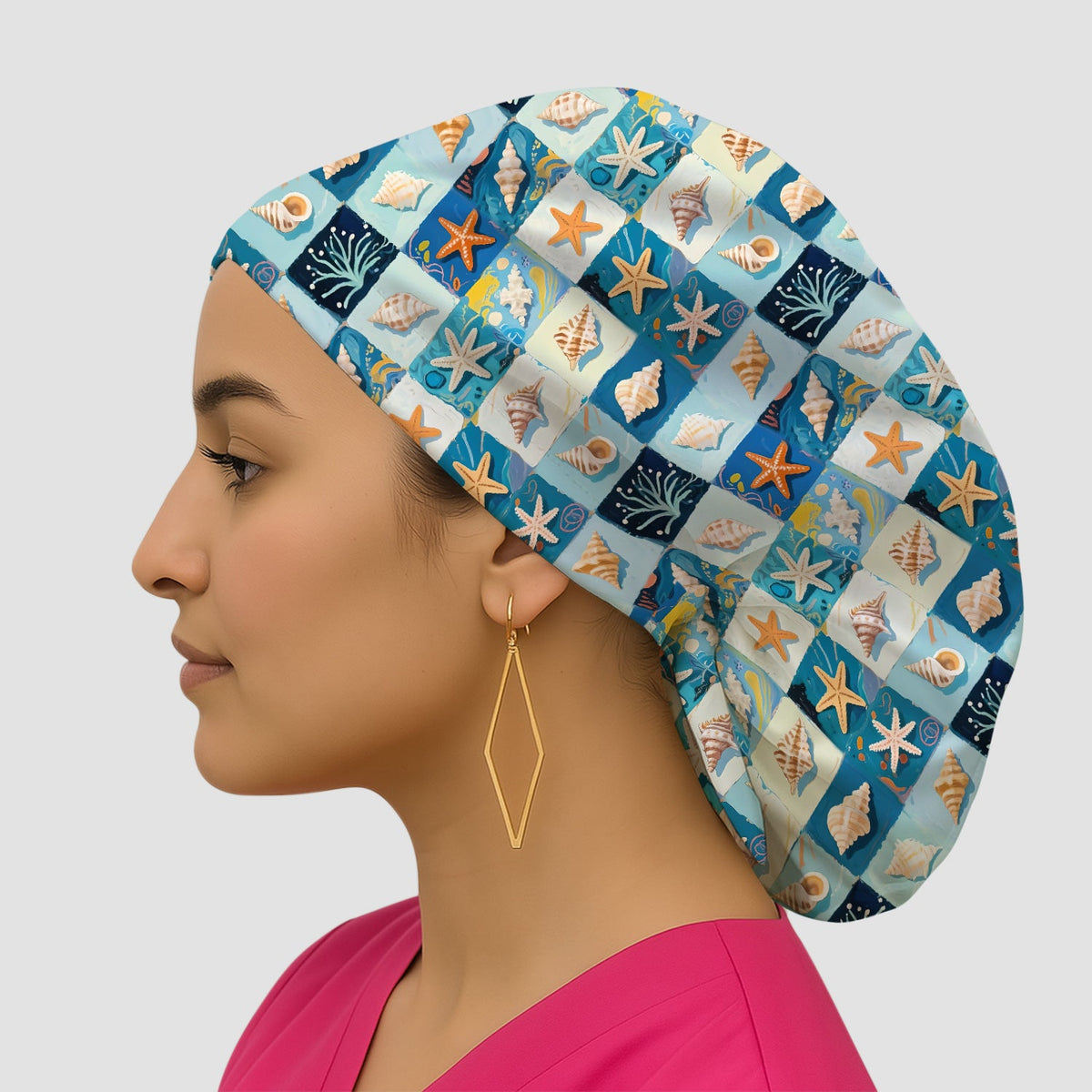 Seashell Starfish Ocean Tile Scrub Cap