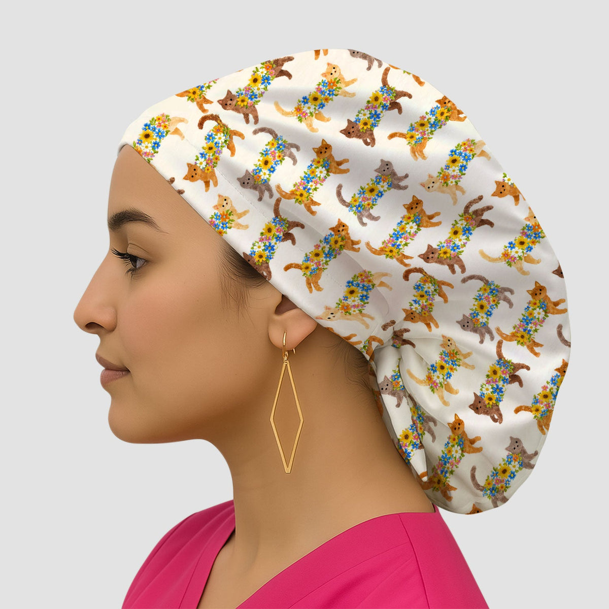 Flower Filled Cat Scrub Cap