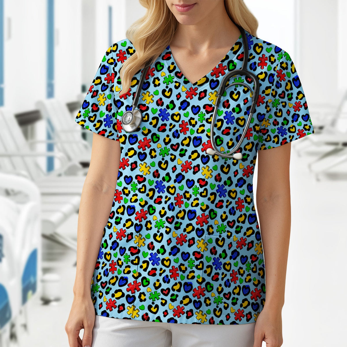 Puzzle Heart Awareness Nurse Scrub Top