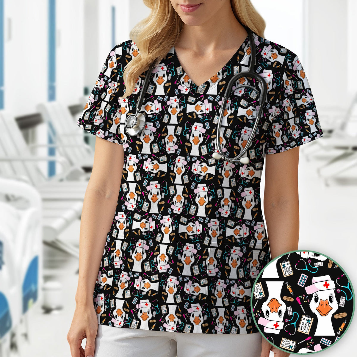 Duck Wearing Hat With Medical Tools Nurse Scrub Top