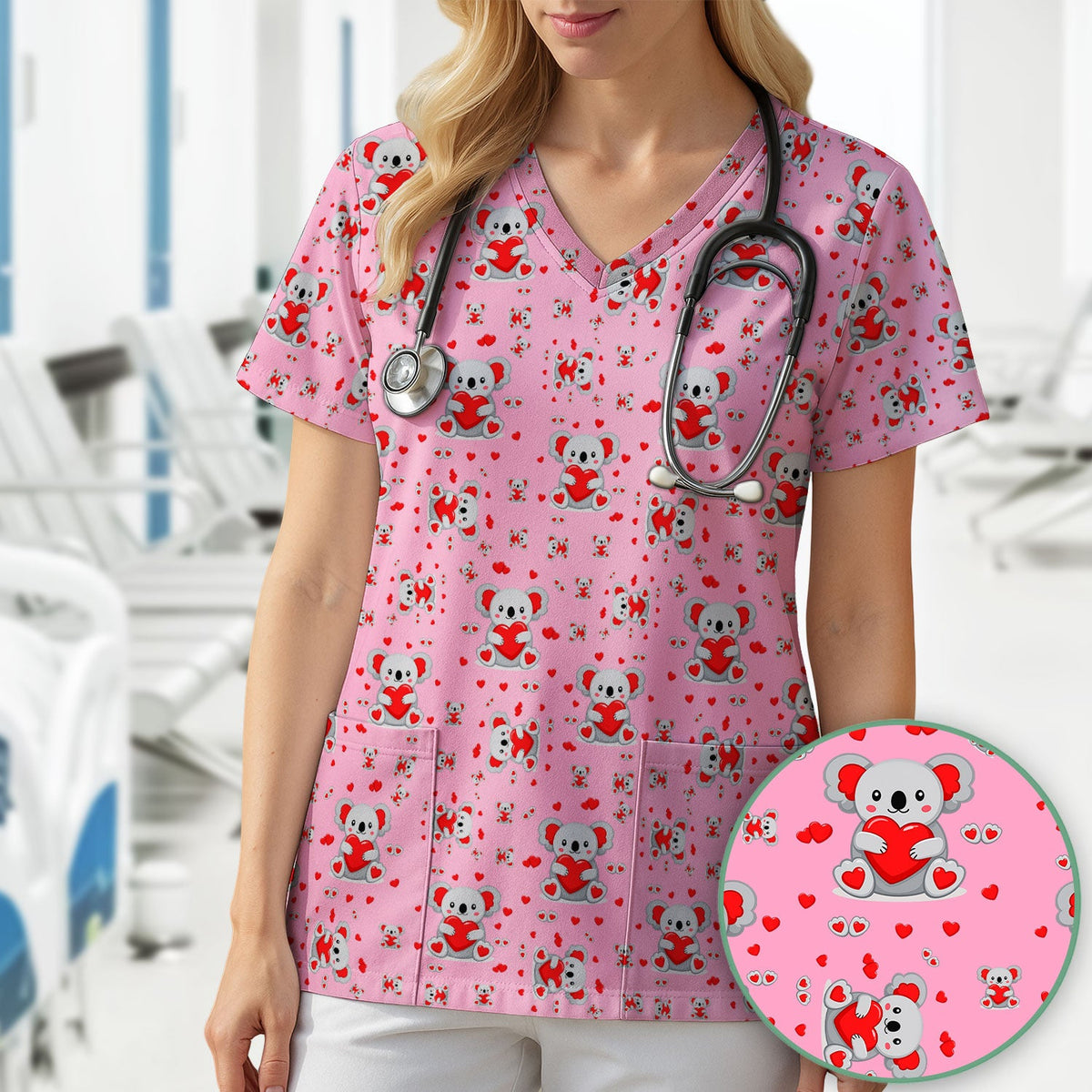 Valentine Cute Koala Heart Pattern Nurse Shirt, Comfortable Scrubs for Nurses