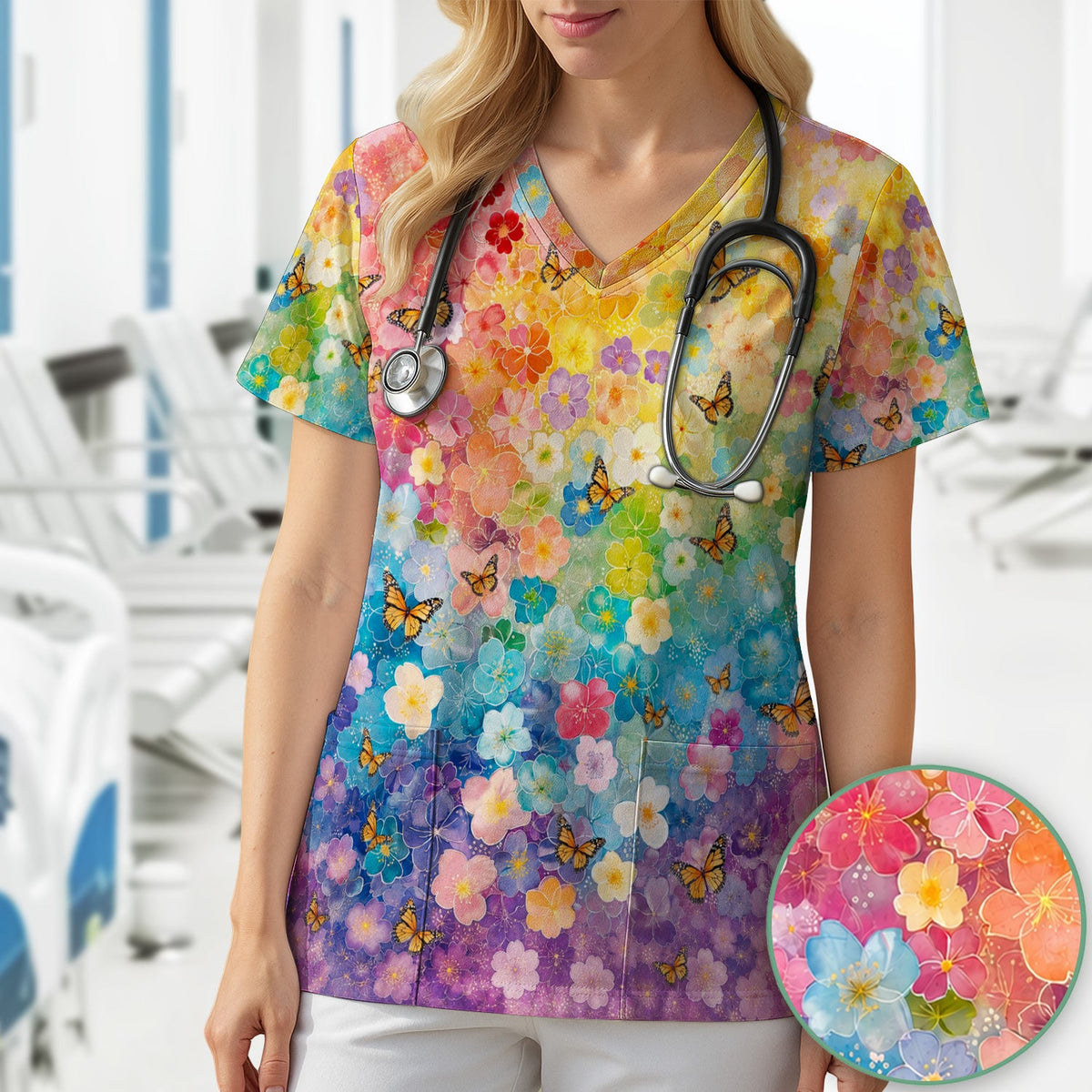 Rainbow Butterfly Floral Blossom Nurse Scrub Top