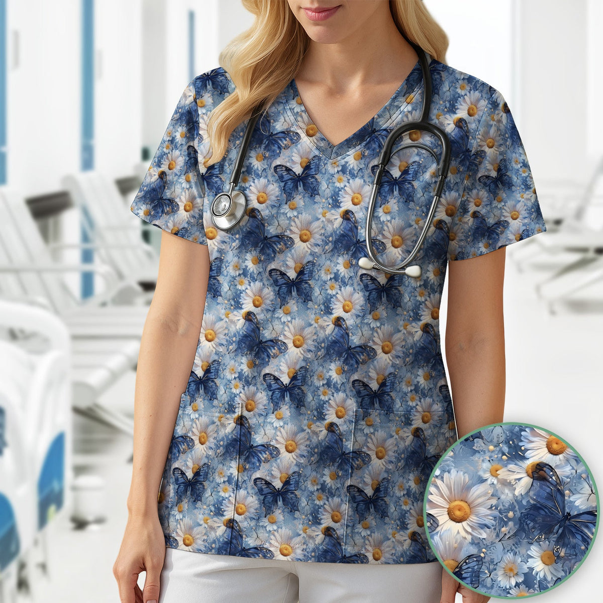 Blue Daisy Butterfly Nurse Scrub Top