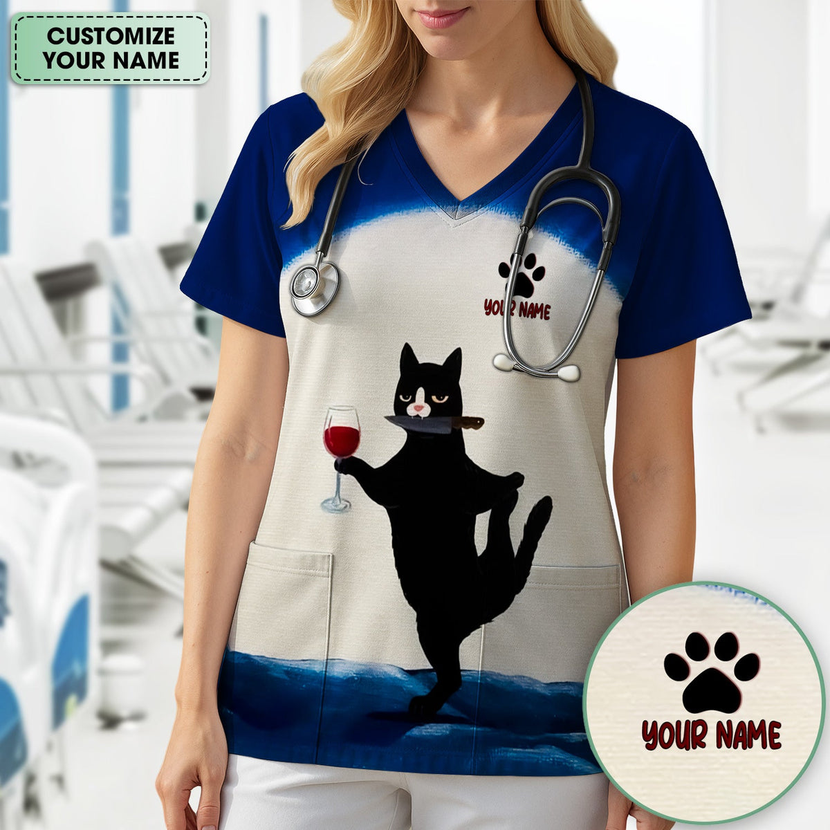 Personalized Cat Wine Glass Knife Nurse Scrub Top