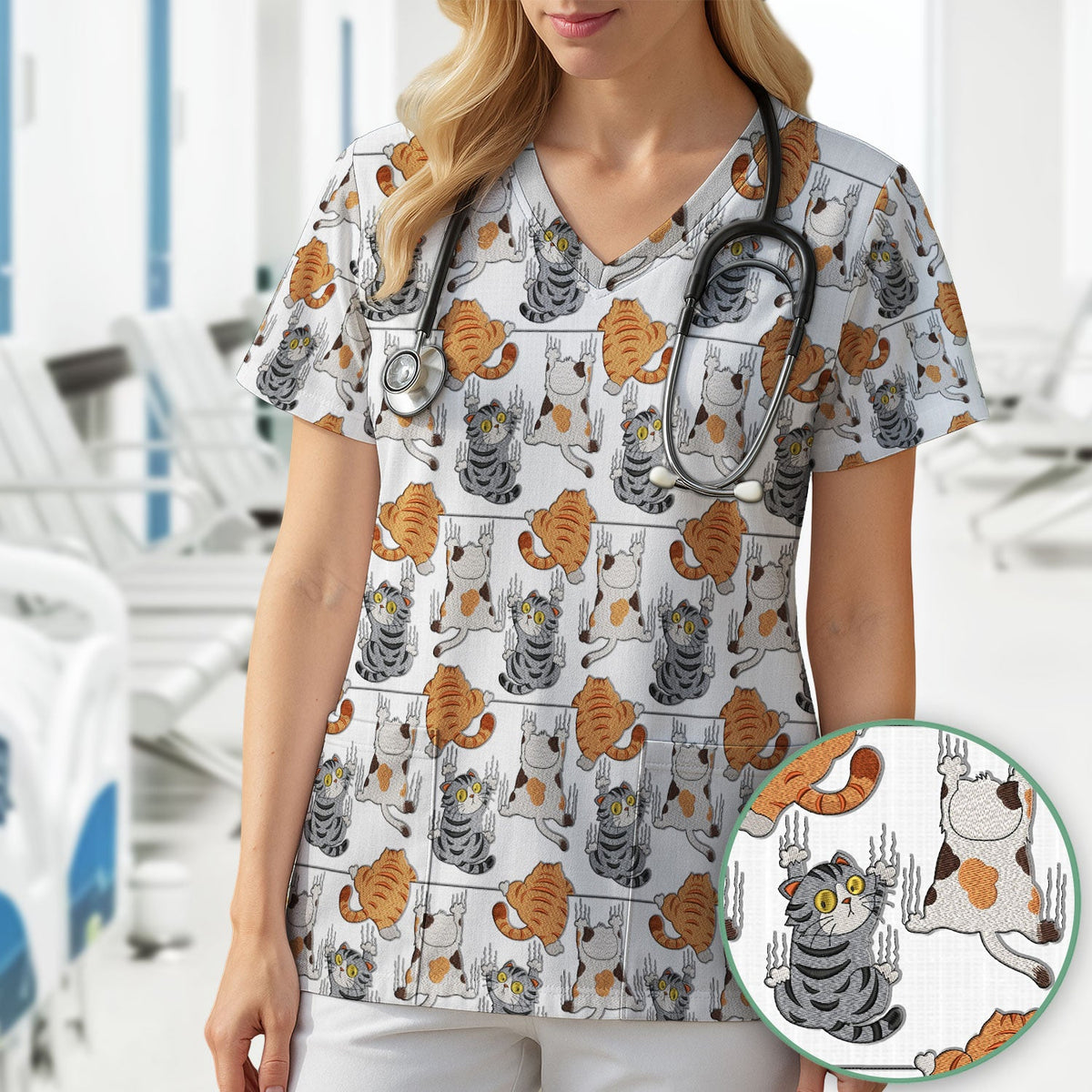 Cute Cat Pattern Nurse Scrub Top, Cats Medical Pattern Shirt, Breathable Fabrics Nursing Uniform